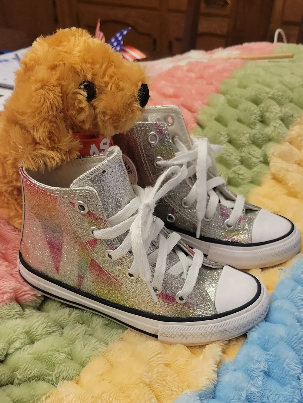 Converse Kids High-Top Glitter Sneakers in Silver with Rainbow Accents